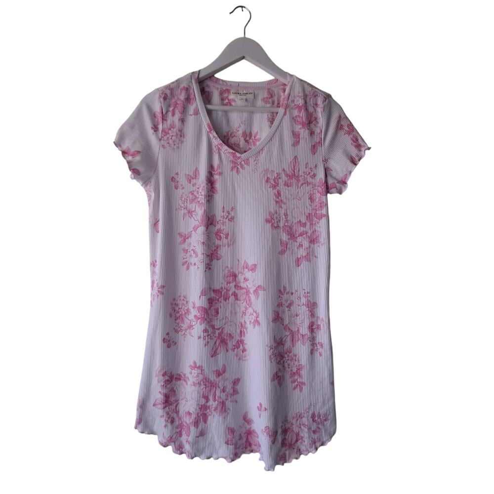 Laura Ashley Nightgown Floral Ribbed V-Neck Lettuce Edge White Pink Womens Small